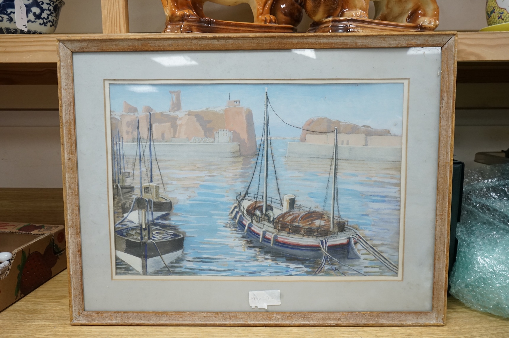 Scottish school, mixed media, Dunbar Harbour and Lifeboat, unsigned, 31 x 45cm